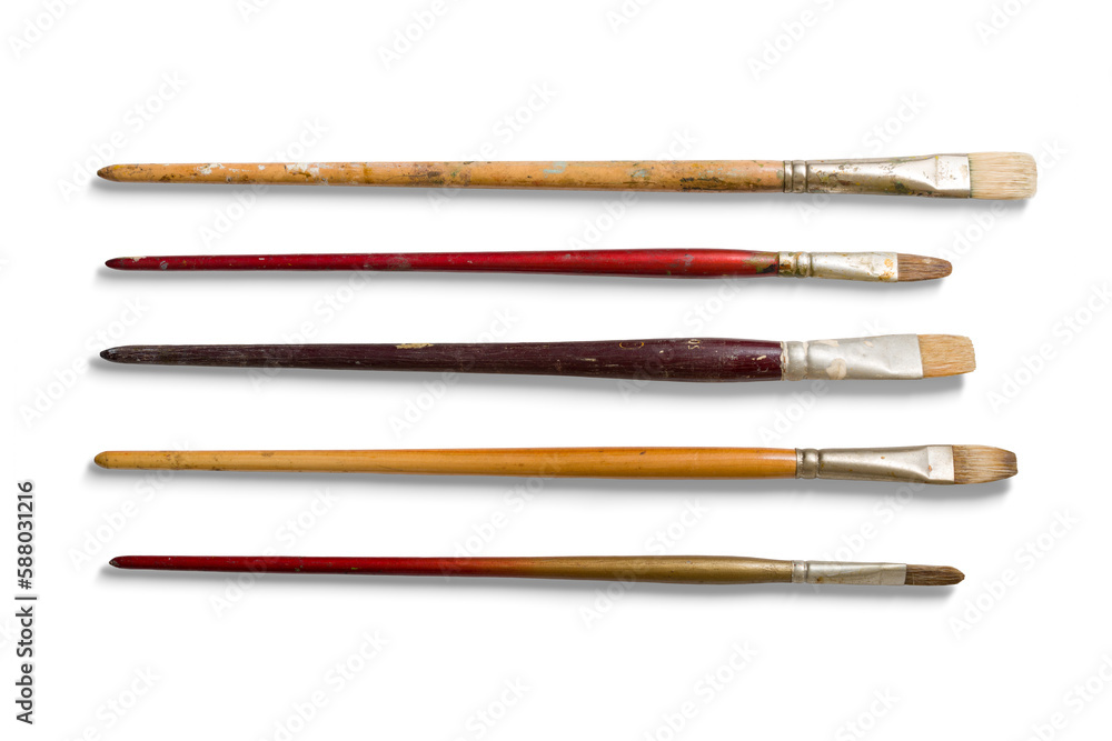 Set of various size used paintbrushes isolated on a transparent background, PNG. High resolution. - obrazy, fototapety, plakaty 
