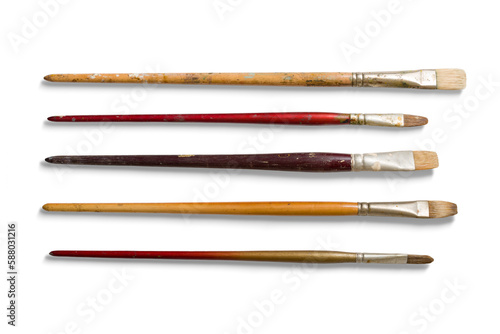 Set of various size used paintbrushes isolated on a transparent background, PNG. High resolution.