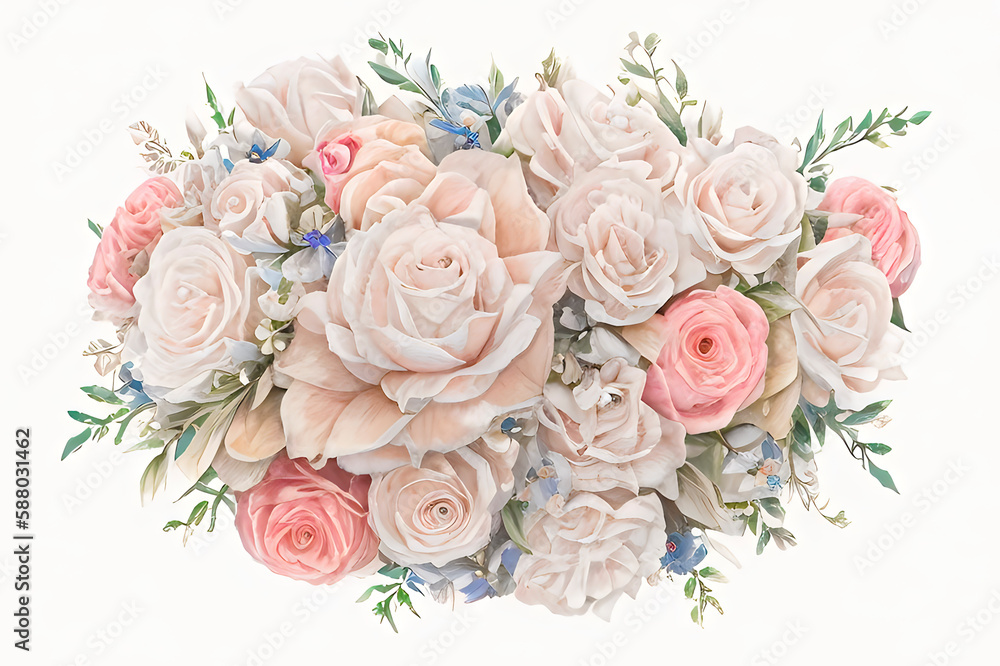 delicate pink bouquet of roses in the style of watercolor painting, a bouquet of roses on a white background in the style of vintage watercolor, generative ai