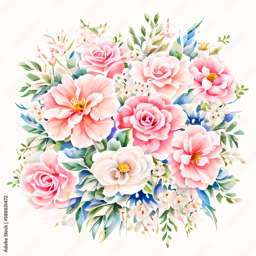 delicate pink flower bouquet watercolor painting, round bouquet on white background in vintage watercolor style, generative ai