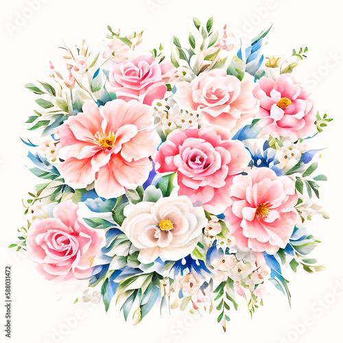 delicate pink flower bouquet watercolor painting  round bouquet on white background in vintage watercolor style  generative ai