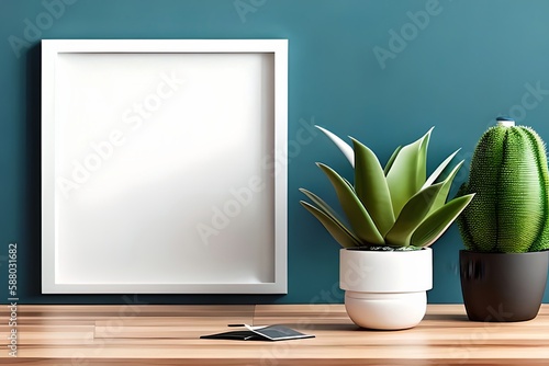 Modern room decoration with picture frame mockup. White shelf against multi color wall with pottery and succulent plant