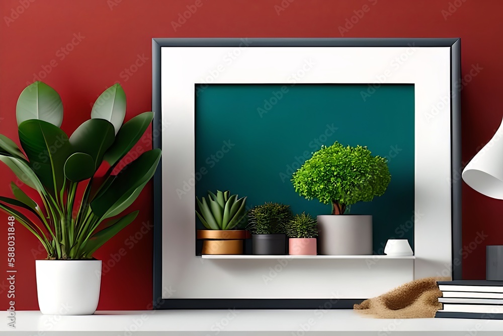 Fototapeta premium Modern room decoration with picture frame mockup. White shelf against multi color wall with pottery and succulent plant