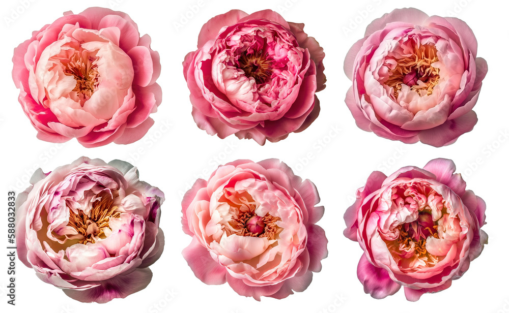 Assorted pink peony flower heads on transparent PNG background. Generative AI.