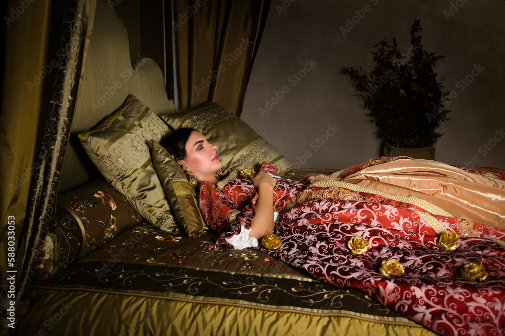 Fototapeta premium Medieval woman sleeping like cinderella
