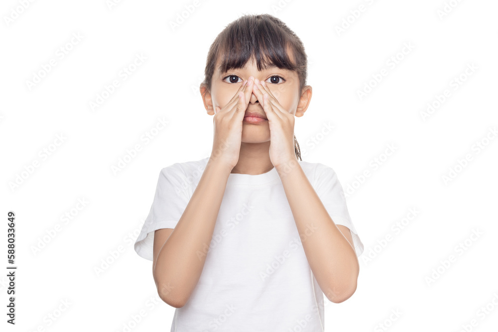 Young Asian girl has a stuffy nose, runny nose isolated on white background with clipping path. Young Asian girl has a stuffy nose, runny nose isolated on white background with clipping path.