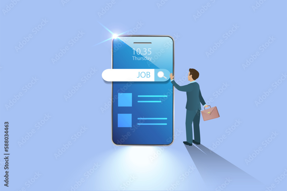 Job search, unemployment man searching for vacant job on smartphone. Online recruitment technology. Job search, unemployment man searching for vacant job on smartphone. Online recruitment technology.