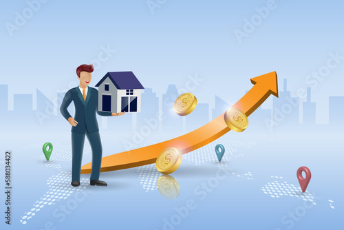Businessman happy with growth graph profit on real estate investment profit. Financial investment on home, housing and property. Vector.