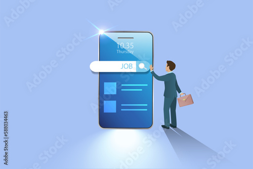 Job search, unemployment man searching for vacant job on smartphone. Online recruitment technology.
