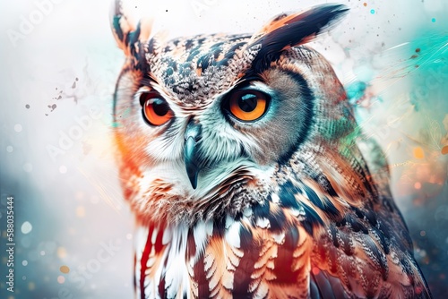 Beautiful Abstract Animal Dream: Colorful Double Exposure Paint Portrait of an Owl, Generative AI © AIGen