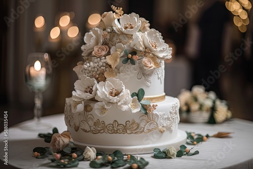 Celebrate the Big Day with the Elegant Design of a Wedding Cake: Stunning Style, Sweet Pastry, and Tying the Knot, Generative AI