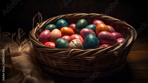 Celebrate the Magic of Easter with this Colorful Basket of Eggs. Generative AI