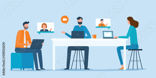 flat vector Business people team working meeting and online video conference for project planning concept.

