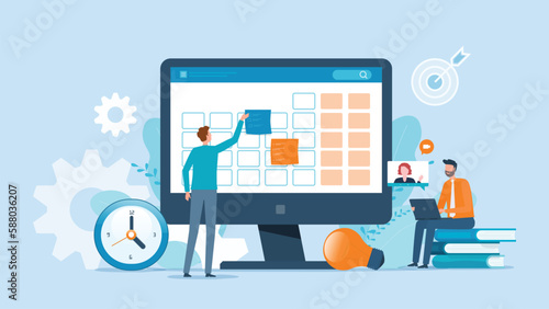 Flat vector illustration design Business planning concept and Business people team working with digital online calendar concept 
