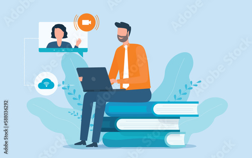 vector businessman working with remote online technology connection. People use computers for education. and video training  online conferencing concept
