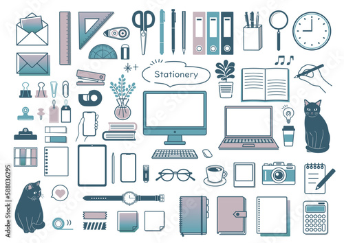 シンプルな文房具とビジネスのアイコンセット
仕事　猫　PC　文房具　リモートワーク　勉強