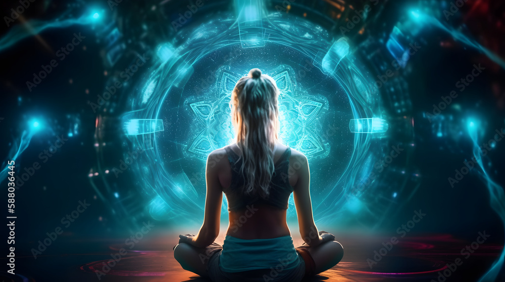 A woman meditates in the lotus position. silhouette. Inner outer space A woman meditates in the lotus position. silhouette. Inner outer space