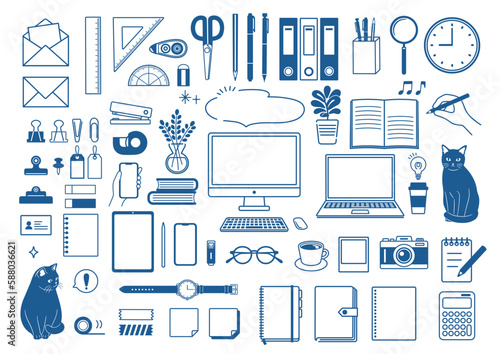 シンプルな文房具とビジネスのアイコンセット
仕事　猫　PC　文房具　リモートワーク　勉強
