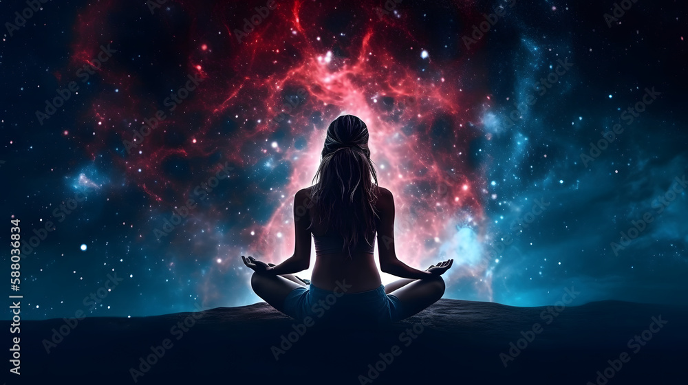 A woman meditates in the lotus position, silhouette. Inner outer space