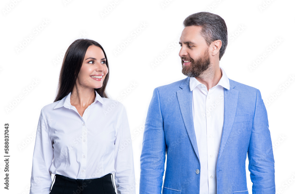 cheerful business boss and employee in studio. couple of business boss and employee cheerful business boss and employee in studio. couple of business boss and employee