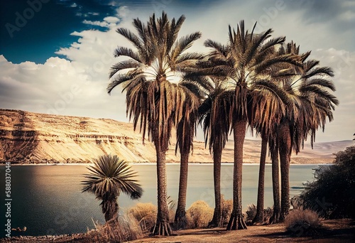 Fotografiet Palm trees in front of the lowest freshwater lake on Earth Sea of Galilee in Tiberias in Israel in the month of February