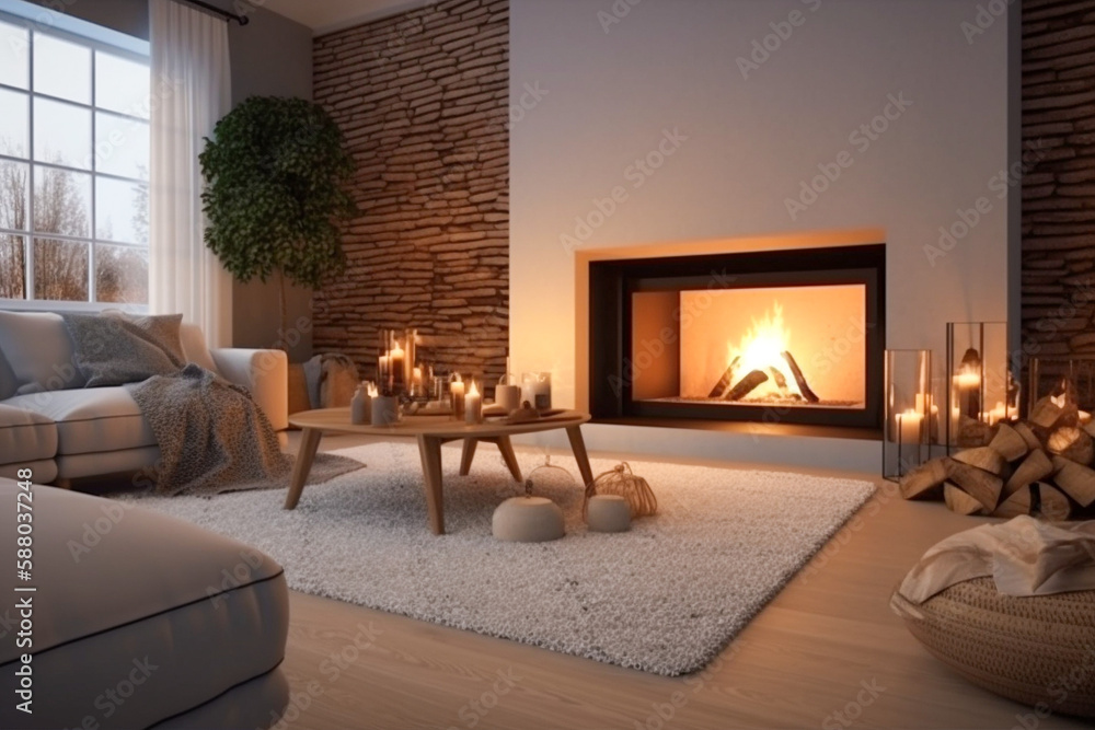 Fototapeta premium Modern interior design of the living room with fireplace. Super photo realistic background, generative ai illustration