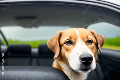 Dog sitting in a car and ready for riding AI-generated, Generative AI