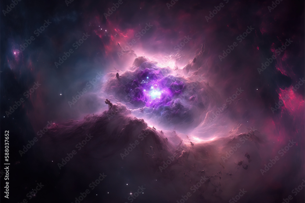 Fototapeta premium Purple, red and blue space with stars. Fantasy galaxy generative AI background