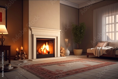 Modern interior design of the living room with fireplace. Super photo realistic background, generative ai illustration © Anna