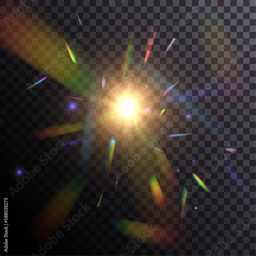 Rainbow overlay texture. Holographic falling confetti isolated on transparent background. Cluster of colors, bright rays of the spectrum. Glare on the lens, glass, jewelry, or gems.