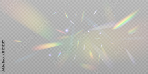 Rainbow overlay texture. Holographic falling confetti isolated on transparent background. Cluster of colors, bright rays of the spectrum. Glare on the lens, glass, jewelry, or gems.