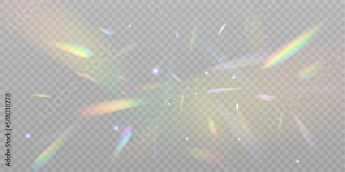 Rainbow overlay texture. Holographic falling confetti isolated on transparent background. Cluster of colors, bright rays of the spectrum. Glare on the lens, glass, jewelry, or gems.