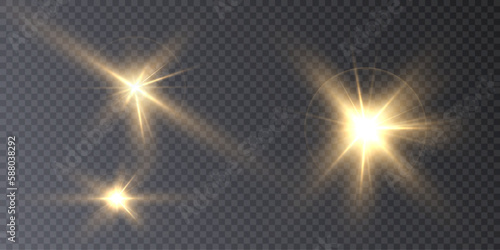 Glowing light explodes, light flash golden color. Beam of the shining sun. Special glare light effect. Bright flash.	
