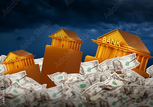 Bank building is collapsed. Bankruptcy bank. Collapse financial organization. Banking crisis. Signs of dollar near economic organization. Loss of money by bank depositors after bankruptcy. 3d image photo