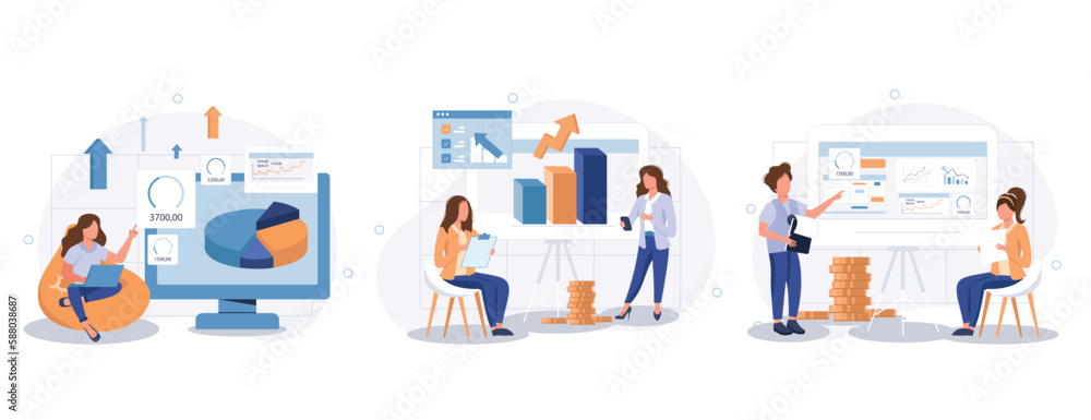 Business process concept isolated person situations. Collection of scenes with people colleagues analyze data, create success strategy, collaborate. Vector illustration in flat design