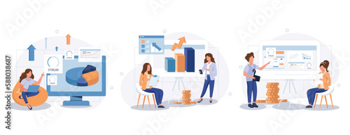 Business process concept isolated person situations. Collection of scenes with people colleagues analyze data, create success strategy, collaborate. Vector illustration in flat design © makyzz