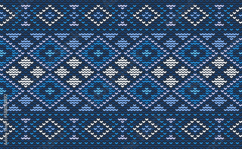 Design knit pattern vector, Cross stitch ethnic geometric background, Embroidery abstract beautiful style, Blue pattern template motif, Design for textile, fabric, batik, tile, aprons