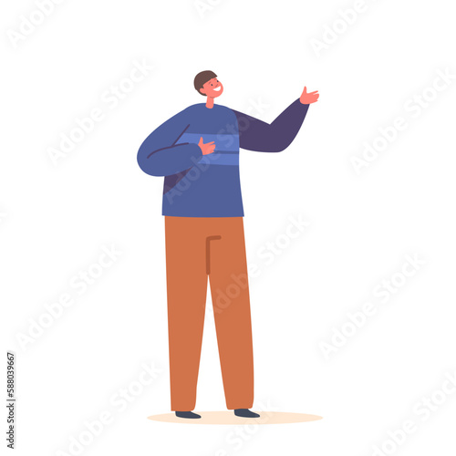 Happy Little Boy Wear Blue Shirt and Brown Trousers. Isolated Child Character Smiling, Gesturing. Happy Emotion