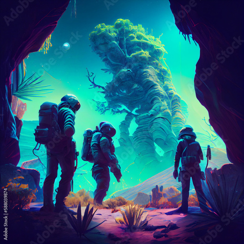 A group of astronauts exploring an alien planet