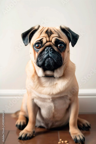 Curious Pug dog looking at the camera in home. Adorable pet. Waiting for the over. Dog food. At an appointment with a veterinarian. Love for animals. generative ai 