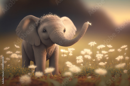 Sweet little elephant enjoying a spring flower field