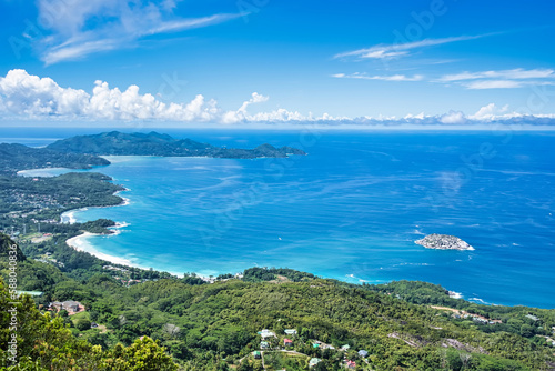 Morn blanc nature trail, view from the south west coast of Mahe to the west, and bull island, Mahe Seychelles © Nils