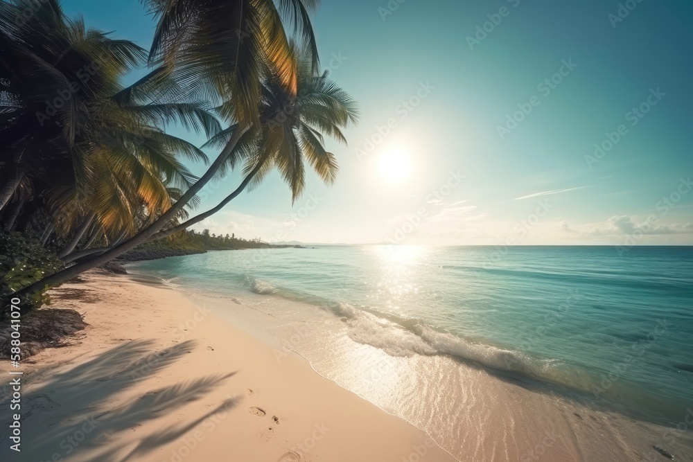 Beautiful beach with palm trees and crystal clear water in summertime vacations banner Generative AI Illustration