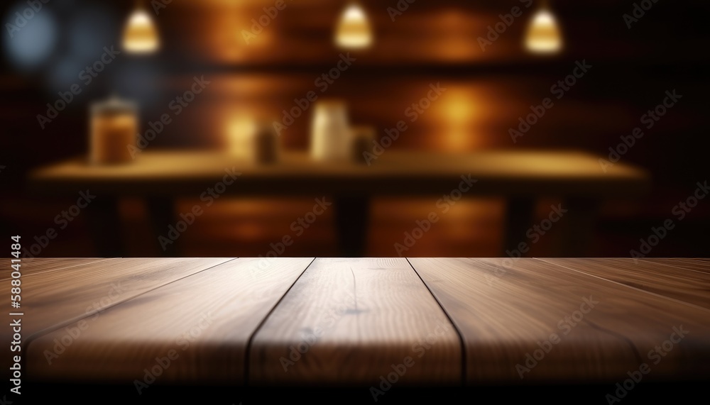Dark rustic living room with empty table for product display. Generative AI Dark rustic living room with empty table for product display. Generative AI