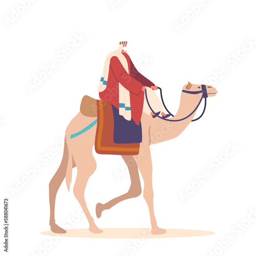 Bedouin Riding A Camel Through The Desert Isolated On White Background. Adventure, Nomadic Lifestyle, Travel
