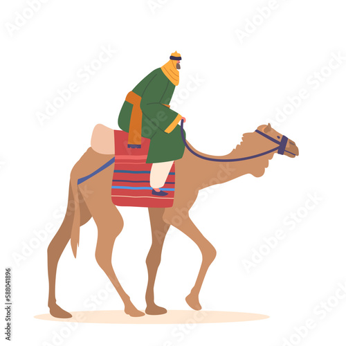 Bedouin Riding A Camel Across The Desert Sands Isolated on White Background. Adventure Concept, Symbol Of Desert