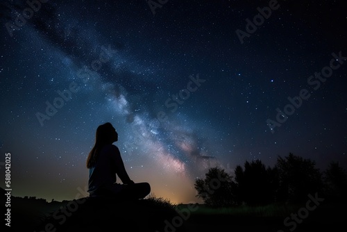 A Girl s Silent Gaze at the Universe s Mysterious Beauty  Silhouette of a Girl Watching the Stars in Night Sky. Generative AI