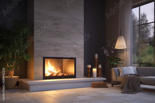 Modern interior design of the living room with fireplace. Super photo realistic background  generative ai illustration
