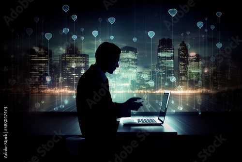 Businessman and technology cybersecurity network silhouette