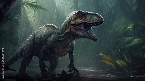 Jurassic Terror: A Realistic Insight into the Reptilian Predator Tirex in the Wild Rain Forest: Generative AI © AIGen